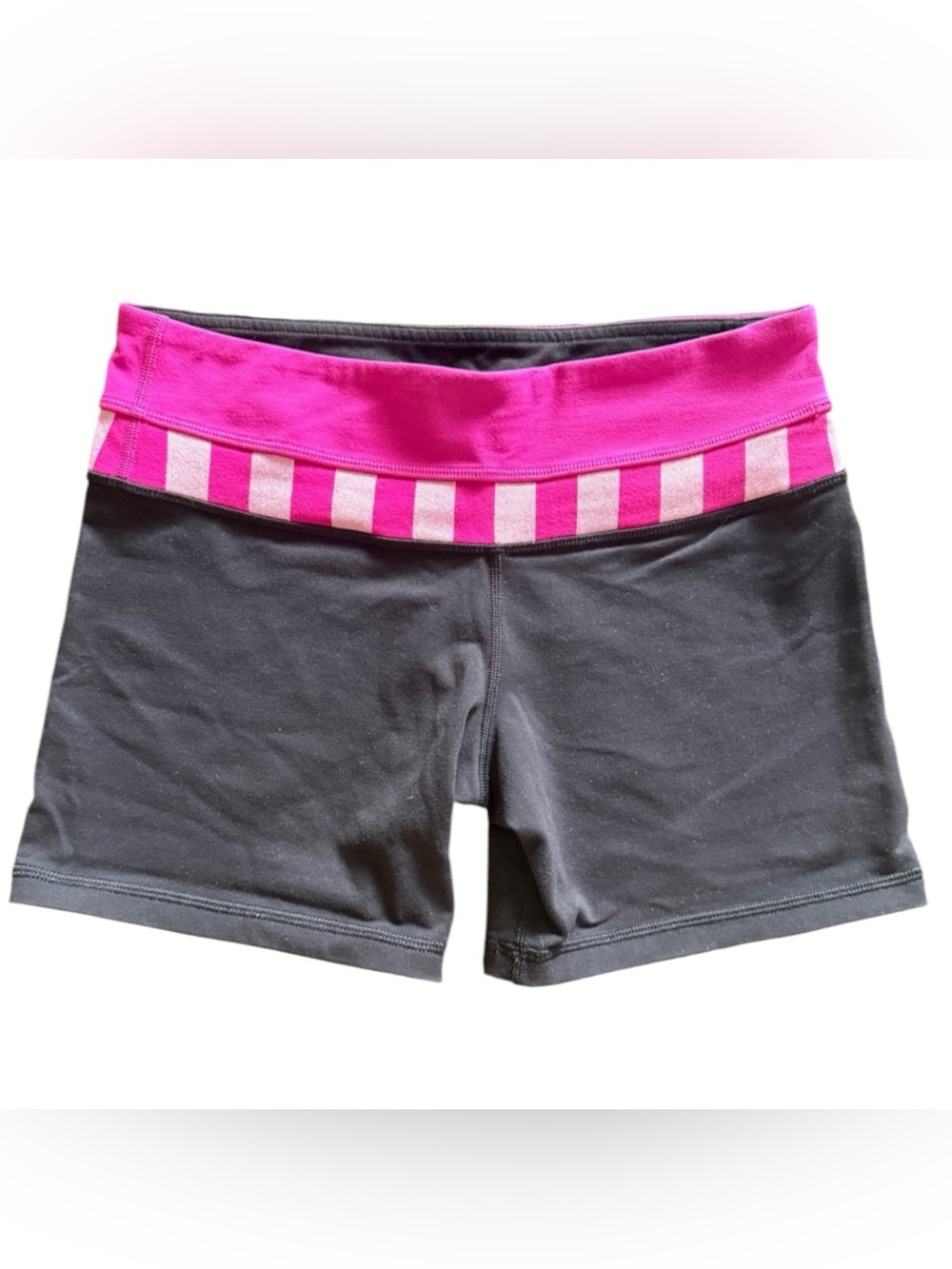 Lululemon Women’s Black Athletic Shorts with Pink and White Waistband Flaw | GUC